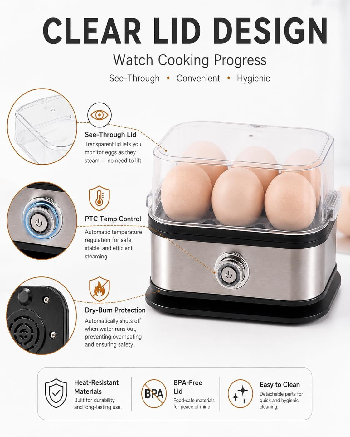 110V Multifunctional Egg Steamer with Clear Lid - Rapid Egg Cooker 6 Egg Capacity, 2026 New Stainless Steel Egg Cooker, Electric Egg Cooker with PTC Heating, Busy Mornings & Fitness Meal Prep