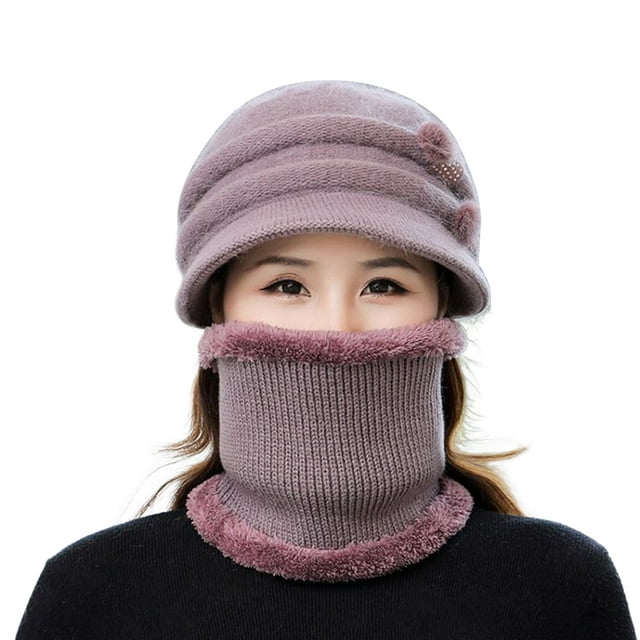 2Pcs/Set Short Brim Solid Color Ear Protection Hat Scarf Set Autumn Winter Women Knitted Plush Lining Cap Neckerchief Set
