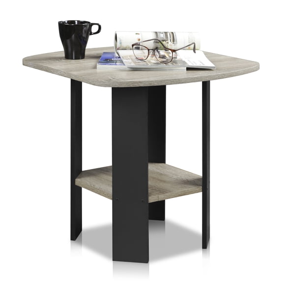 Furinno Modern Grey Side Table, Round Corner End Table with 1-Tier Storage Shelf, Night Stand, Bedside Table, for Living Room, Bedroom, Grey Oak