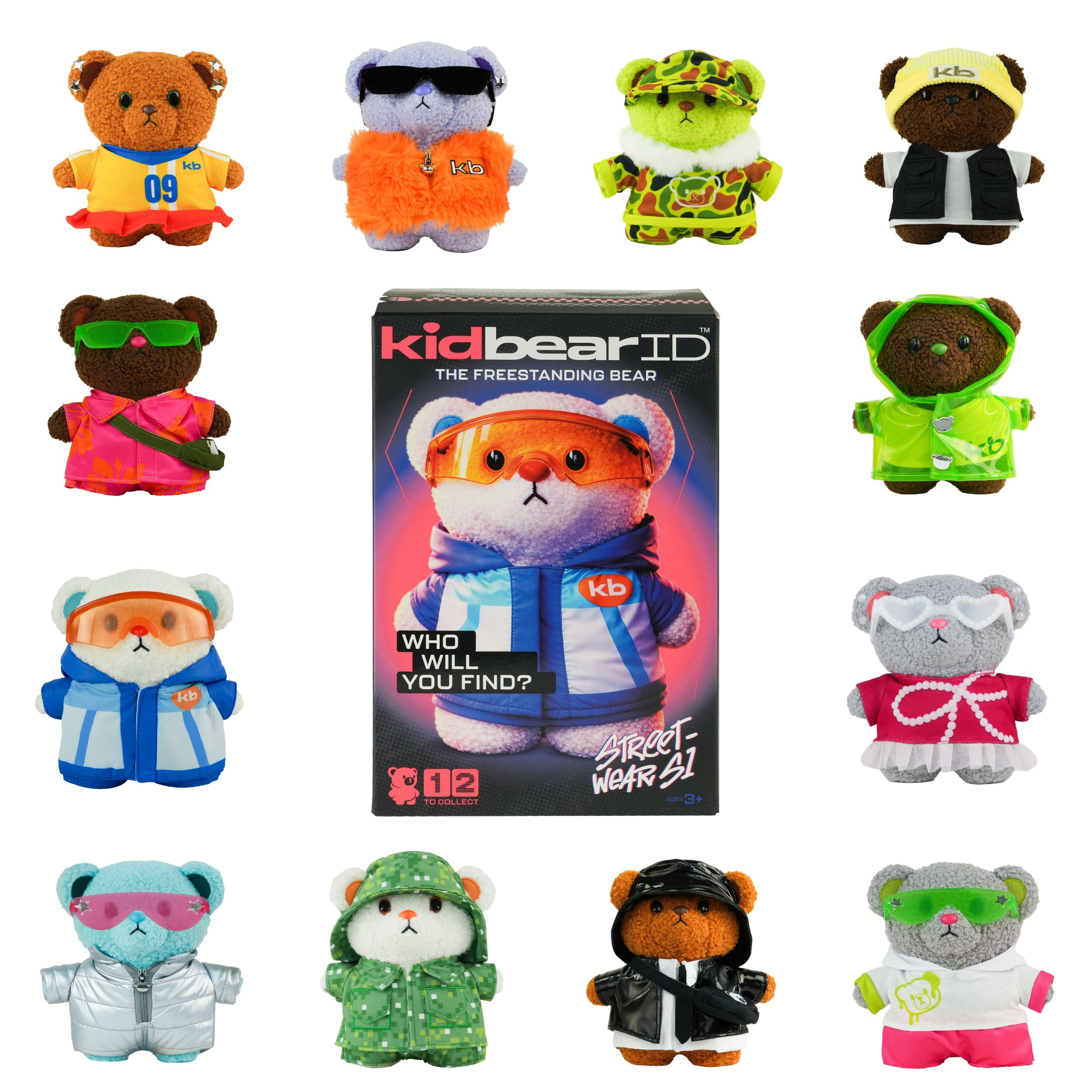 KidbearID Series 1 Streetwear Bears, Weighted Stand-Up Collectible Plush, Interchangeable Outfits, 12 to Collect, Ages 3+
