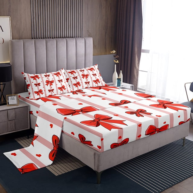 Erosebridal Ensemble de Draps Nœud de Princesse Format Simple, Draps Ruban Rouge Simple, Déco Rayures Dessin Animé