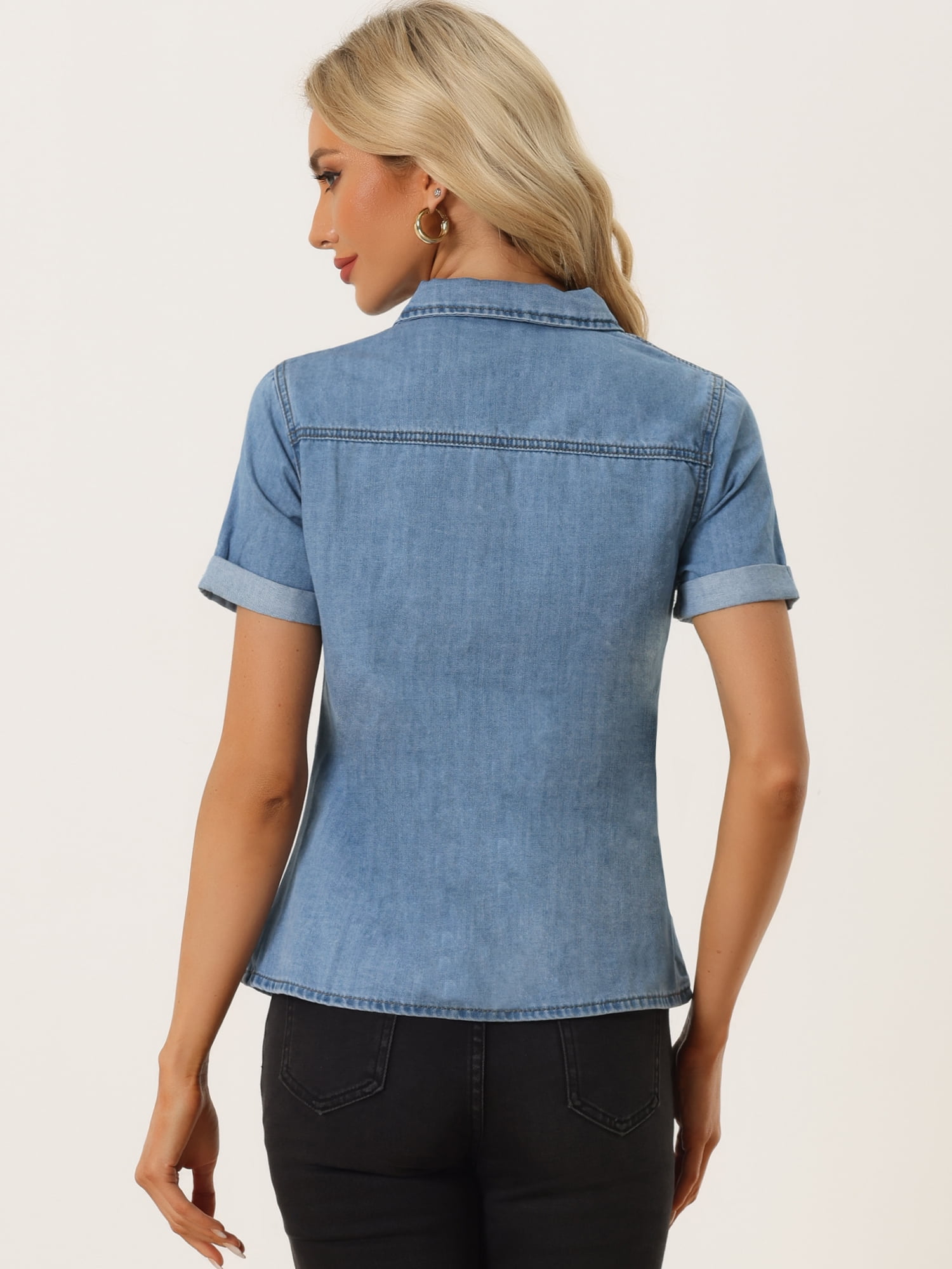 DARING DIVA Women's Denim Collared Short Sleeve Chest Pocket Button Up Shirt XL Light Blue