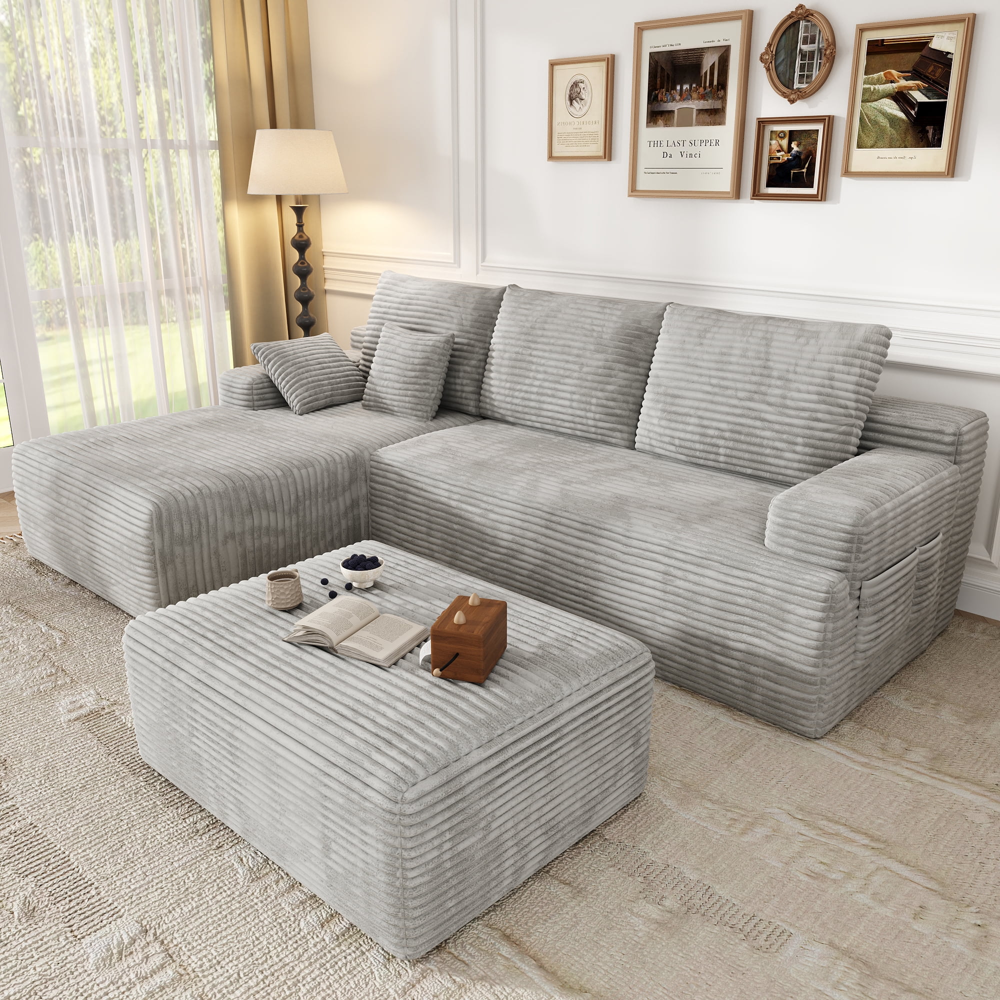 104" Modular L-Shaped Sectional Sofa, No Assembly Required Boneless Sofa with Chaise, High Resilience Foam & Corduroy Fabric, for Living Room Bedroom,(Oyster White)
