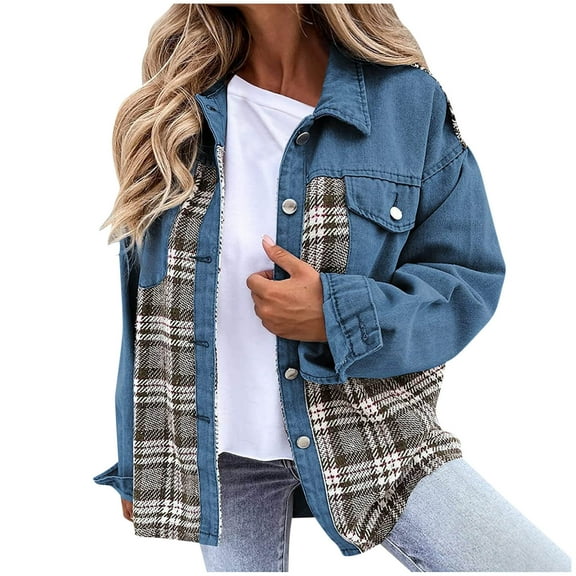 BEFOKA Womens Jean Classic Casual Denim Jacket Long Sleeves Plaid Trendy Loose Shacket Fall Trucker Coats Going Out Tops for Women Jean Jacket Sweatshirt
