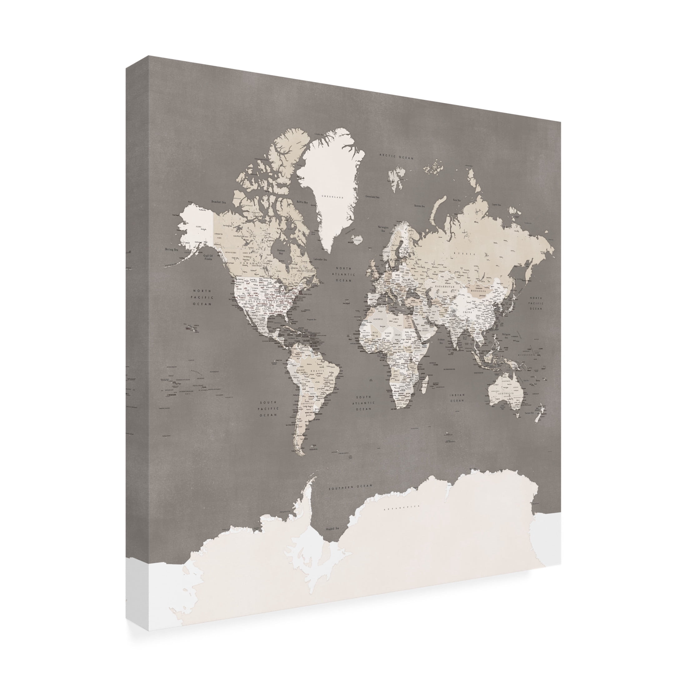 Canvas Wall Art - blursbyai 'Phuoc Detailed World Map In Brown' Wall Art for Living Room, Bedroom, or Office Décor by Trademark Fine Art - 14 x 14 Inches
