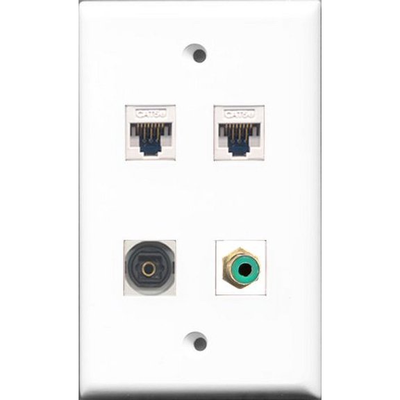 RiteAV - 1 Port RCA Green and 1 Port Toslink 2 Port Cat5e Ethernet White Wall Plate