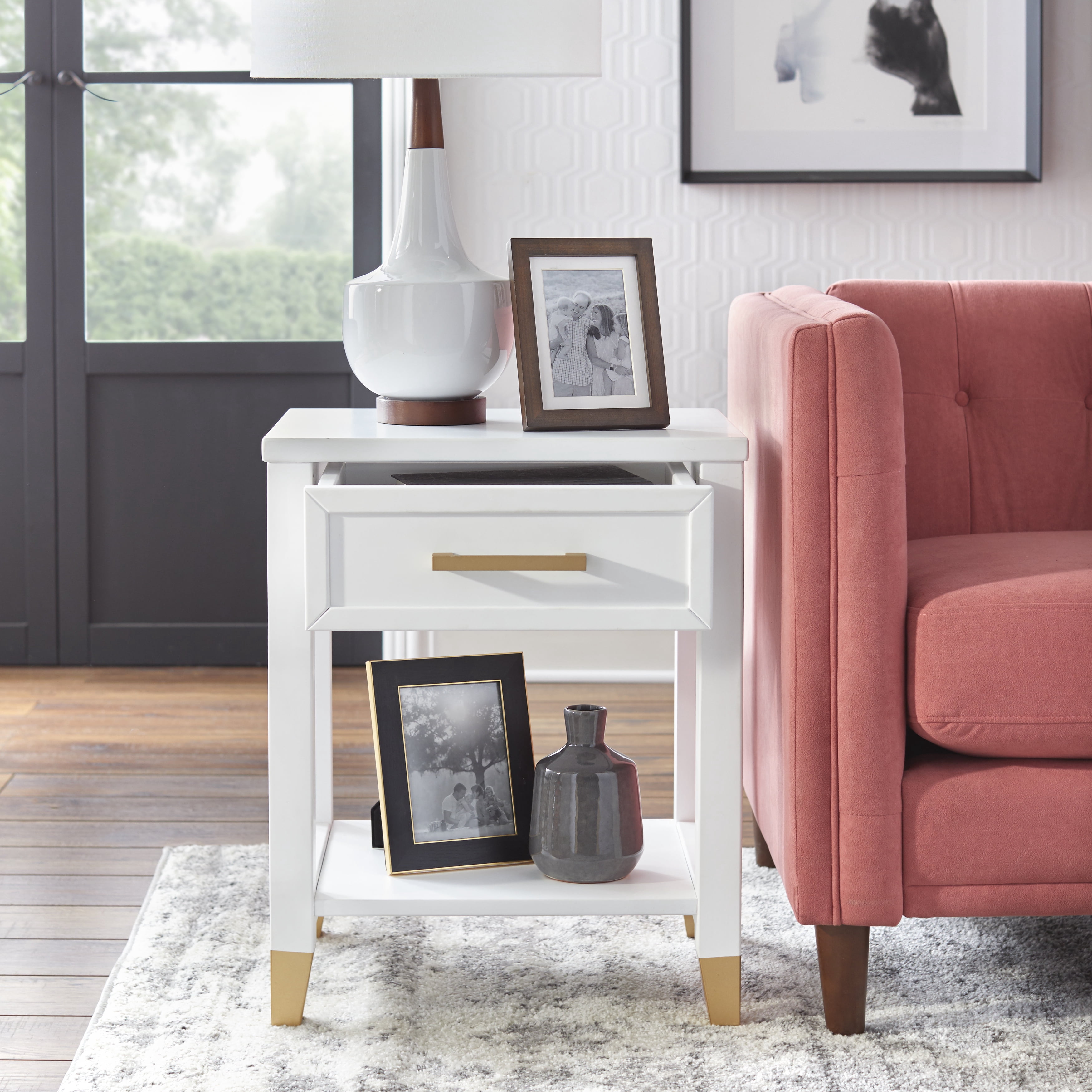 TMS Rena Rectangular End Table and Pine Wood Legs, White Finish