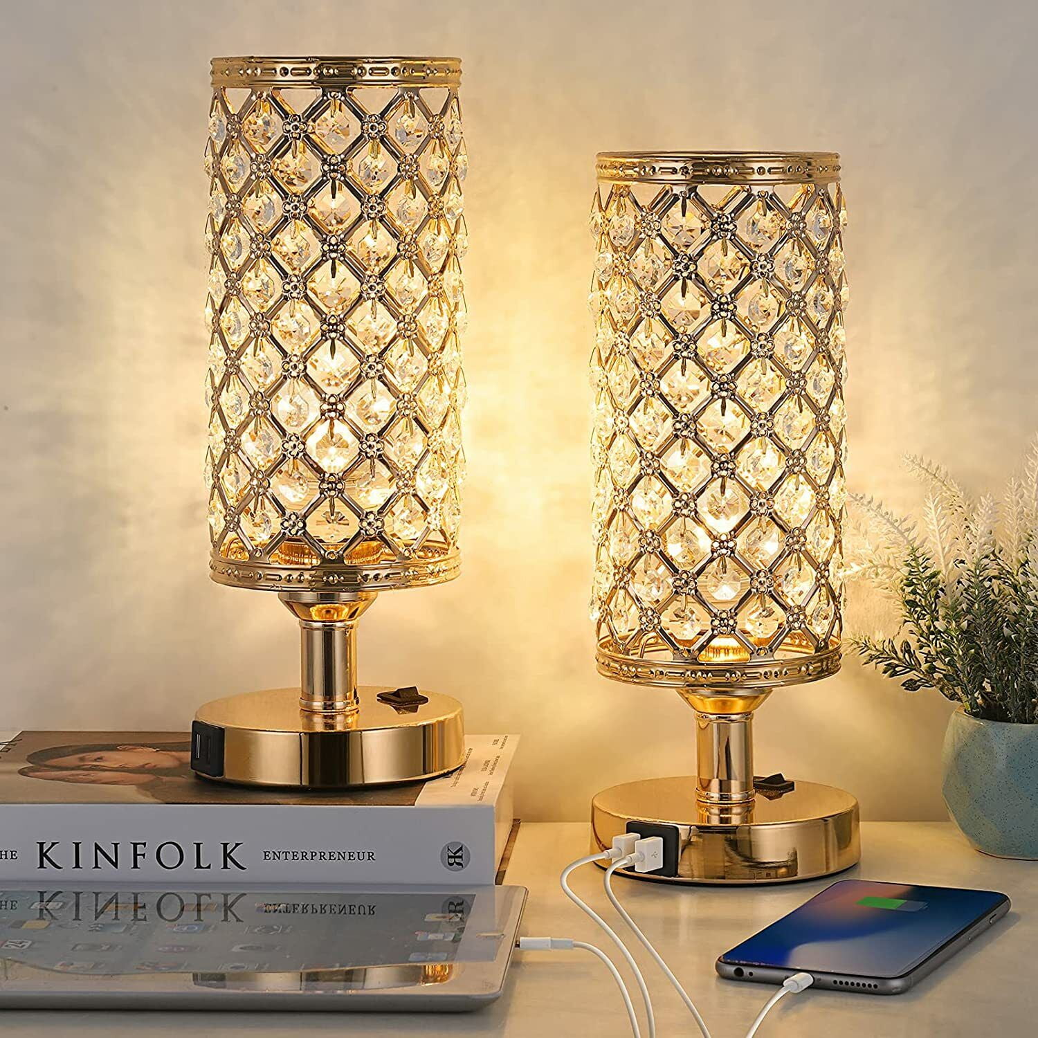 Crystal Table Lamps Set of 2 with Dual USB Charging Ports Modern