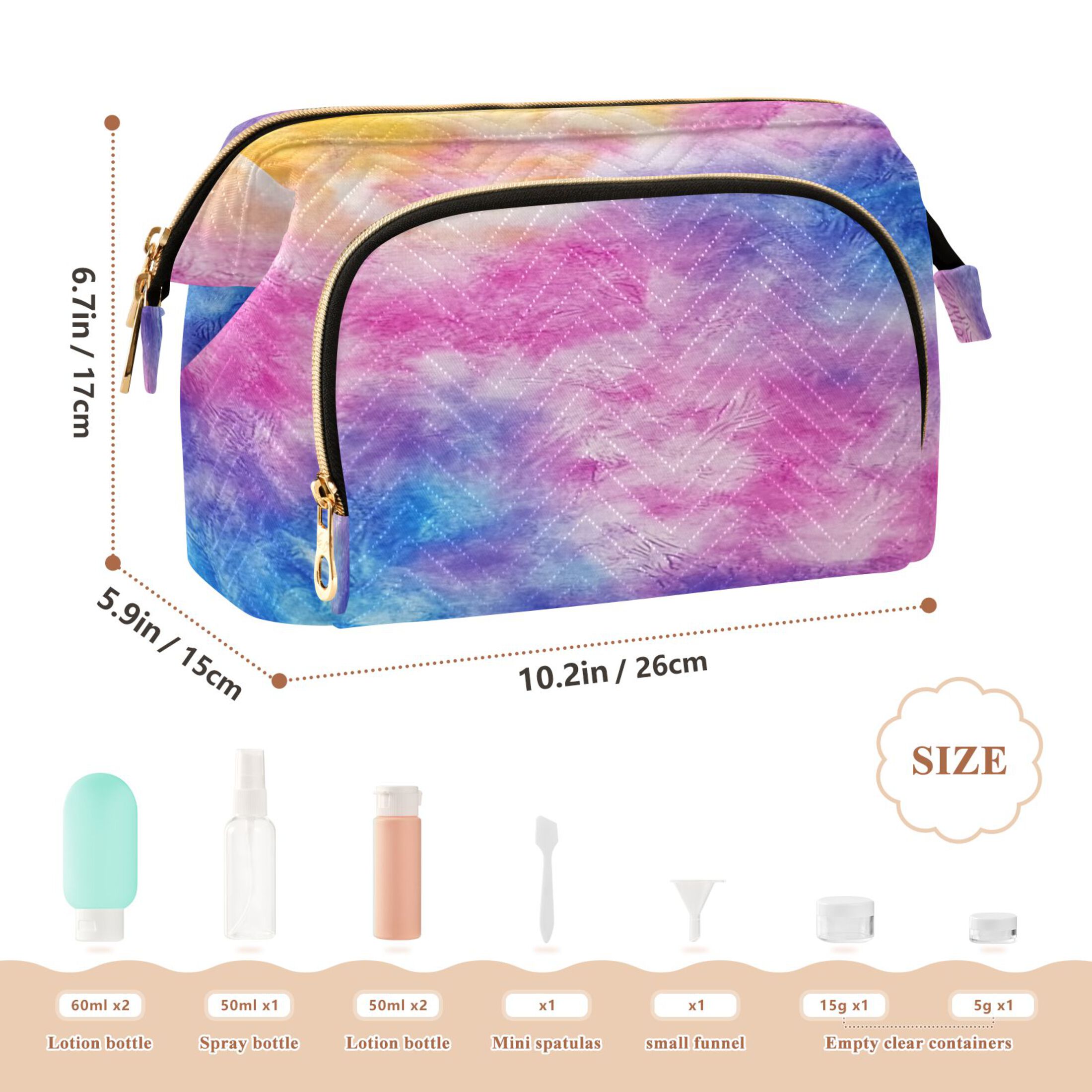 Wavy Quilted Cosmetic Bag Large-Capacity Travel Toiletry Organizer Includes 9-Piece Portable Travel Bottle Set Blue Purple Yellow Tie-dye