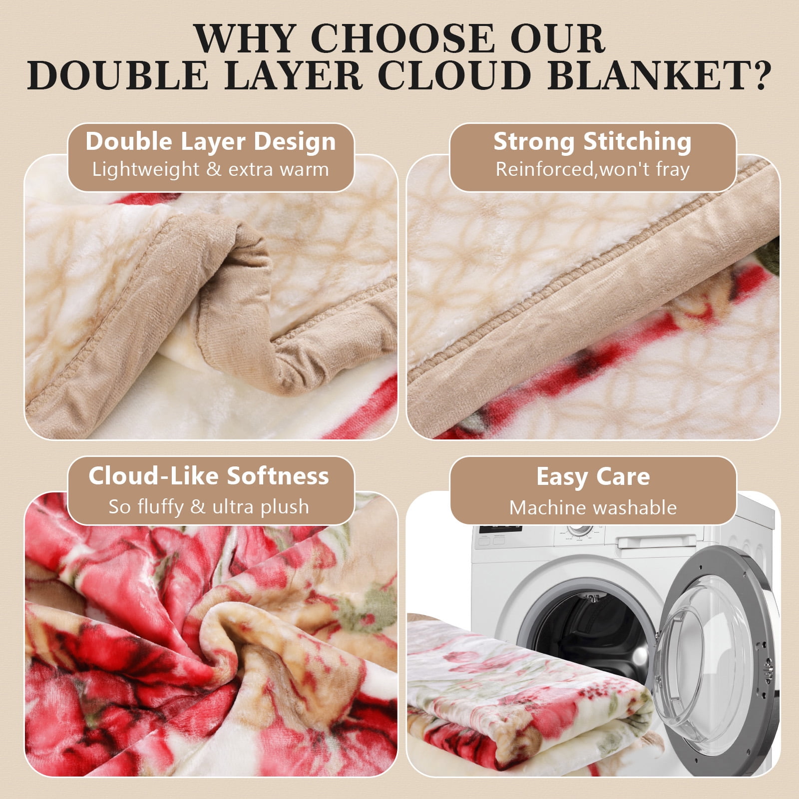 WOOW DEPOT Thick Fleece Twin Bed Blanket Reversible, 1 PCS Peony Flower Printed 59" x 78.7" Soft Warm Mink Blanket Luxurious 4.41 lb Heavy, Khaki