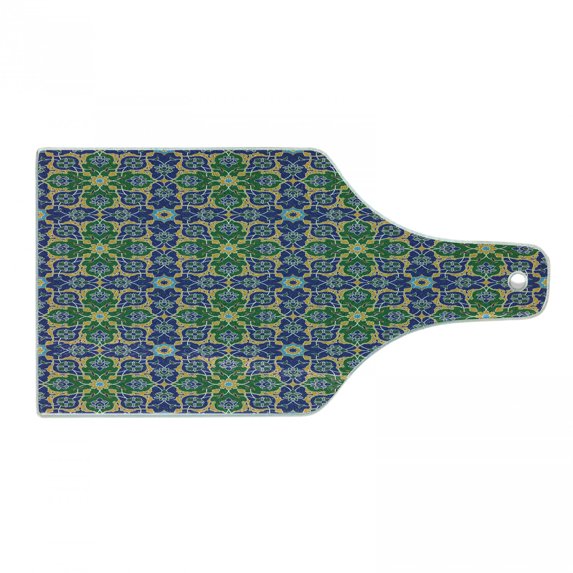 Orient Cutting Board, Ornate Mosaic Oriental Eastern Patterns with Damask Art, Decorative Tempered Glass Cutting and Serving Board, Wine Bottle Shape, Yellow Green Teal, by Ambesonne