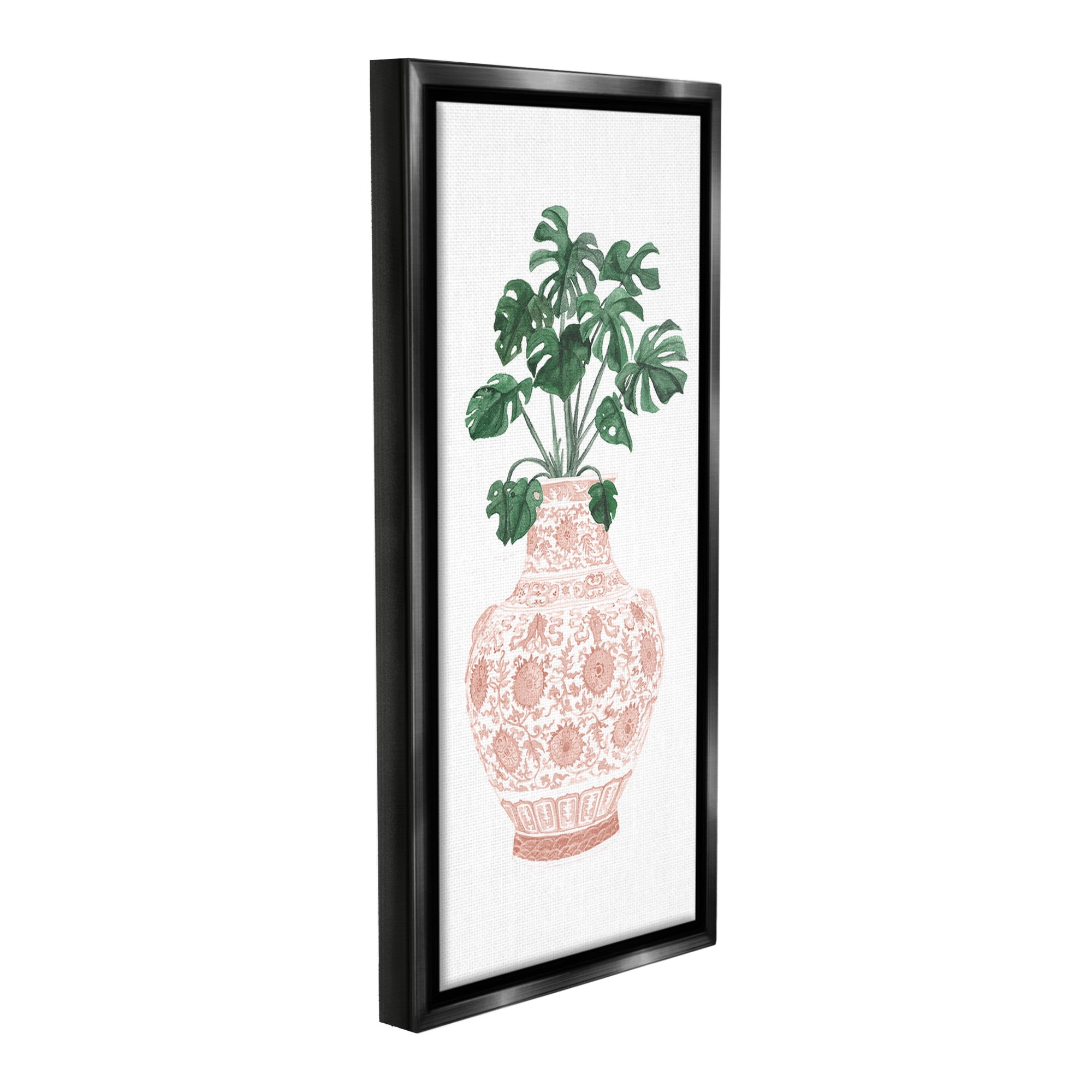 Stupell Industries Monstera with Ornate Vase Botanical & Floral Painting Black Floater Framed Canvas Art Print Wall Art, 14 x 31