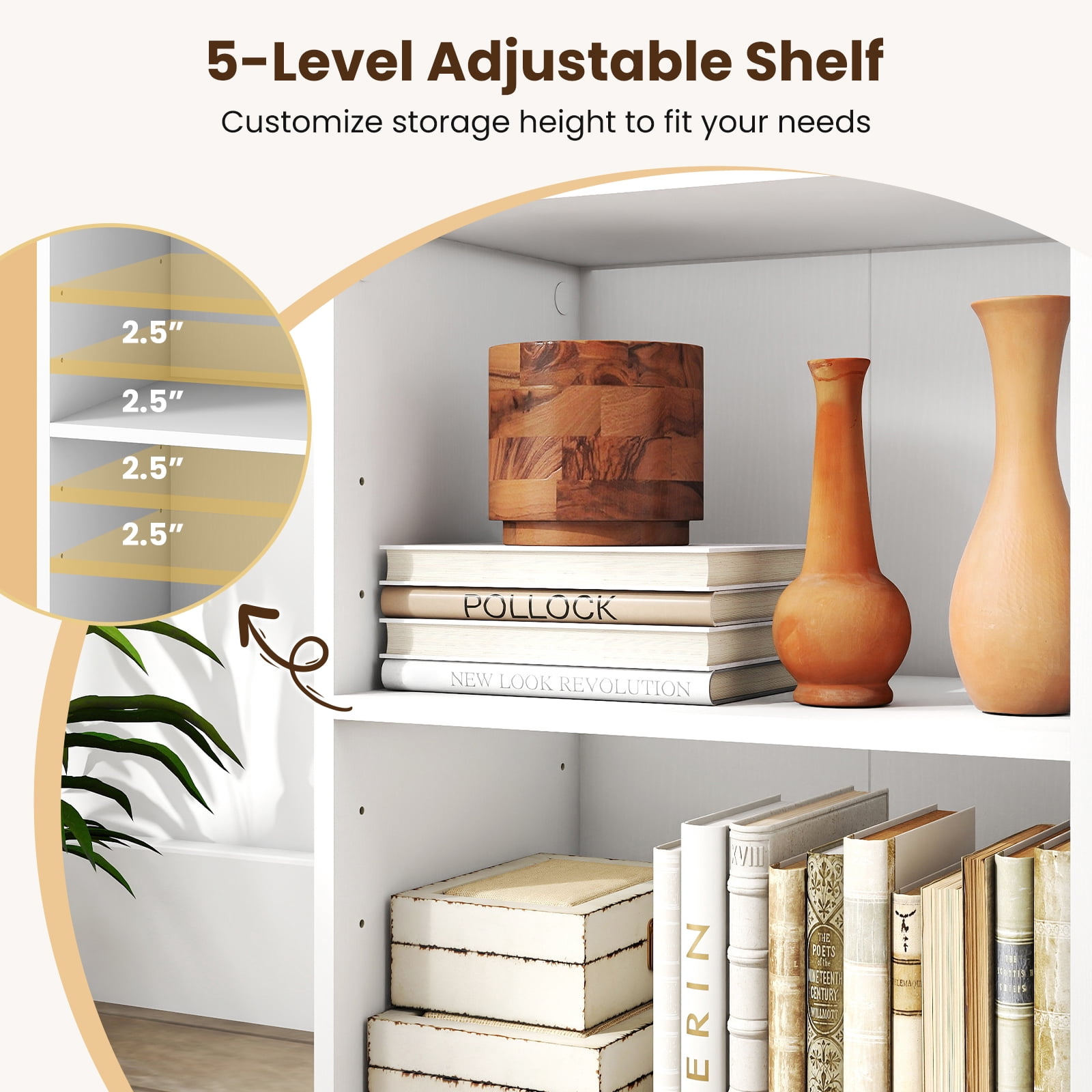 Costway 2-Cube Bookcase with 5-Position Adjustable Shelf, Anti-Toppling Kits for Study White