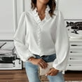 thumbnail image 2 of GXIPO Women's Ruffle Trim Pullover Long Sleeve Blouse Top Cotton Stand Collar Elegant Work Shirt White XL, 2 of 7