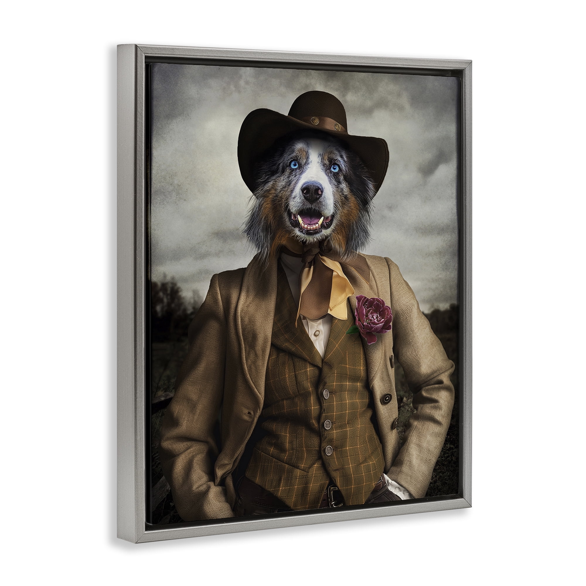 Stupell Industries Colonial Fashion Dog Animals & Insects Painting Gray Floater Framed Canvas Art Print Wall Art, 17 x 21