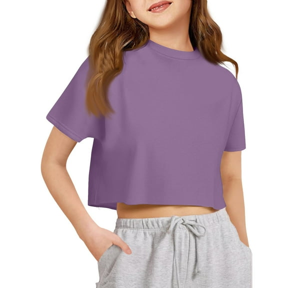 Inglocry Girls Summer Round Neck Short Sleeve Crop Tees Casual Loose Fit Tees Basic Tees Summer Tops For Teens Light Purple 5-6Y