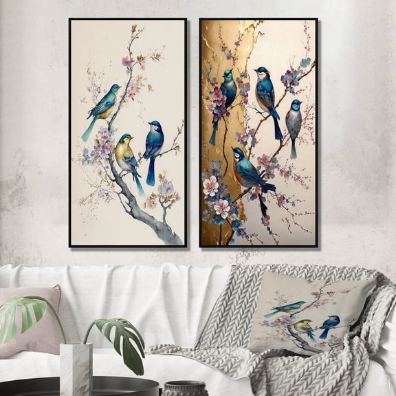 Designart "Multicolored Birds on Plum Blossom Tree III" Bird Framed Wall Art Set Of 2 - Beige Animals Frame Gallery Set For Office Decor