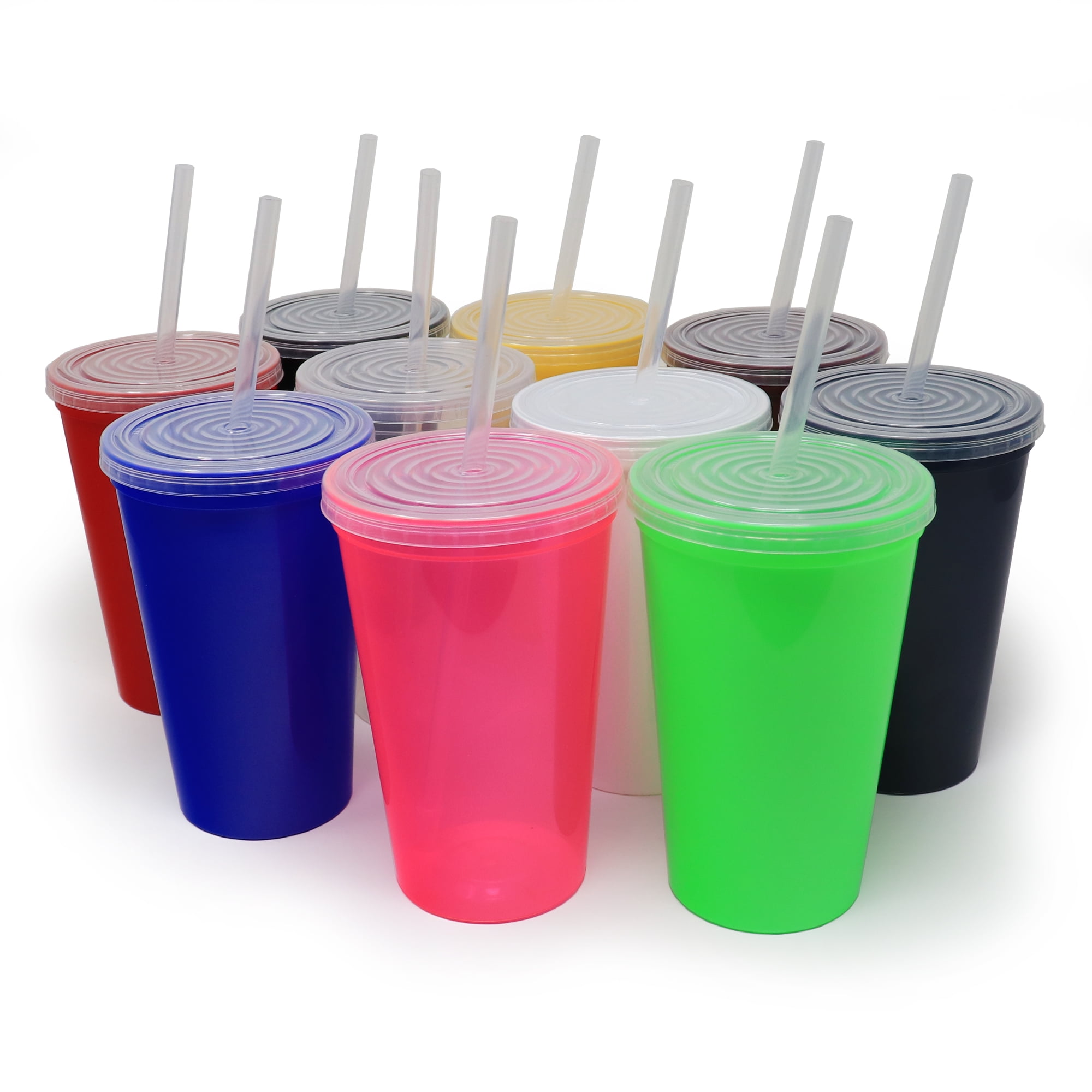 Rolling Sands 22 oz Reusable Plastic Cups with Lids, 10 Pack, USA Made