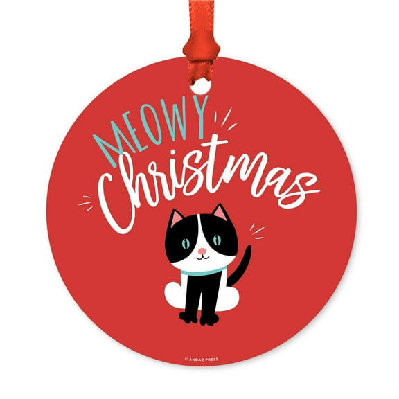 Funny Animal Round Metal Christmas Ornament, Meowy Christmas, Cat Graphic, Includes Ribbon and Gift Bag