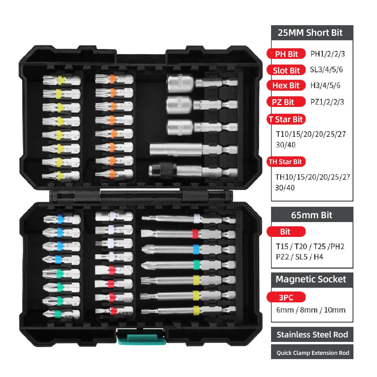 Yajisi 44‑Piece Impact Driver Bit Set – Alloy Steel, High‑Torsion, Magnetic, Color‑Coded, Universal 1/4" Drill & Driver Compatible