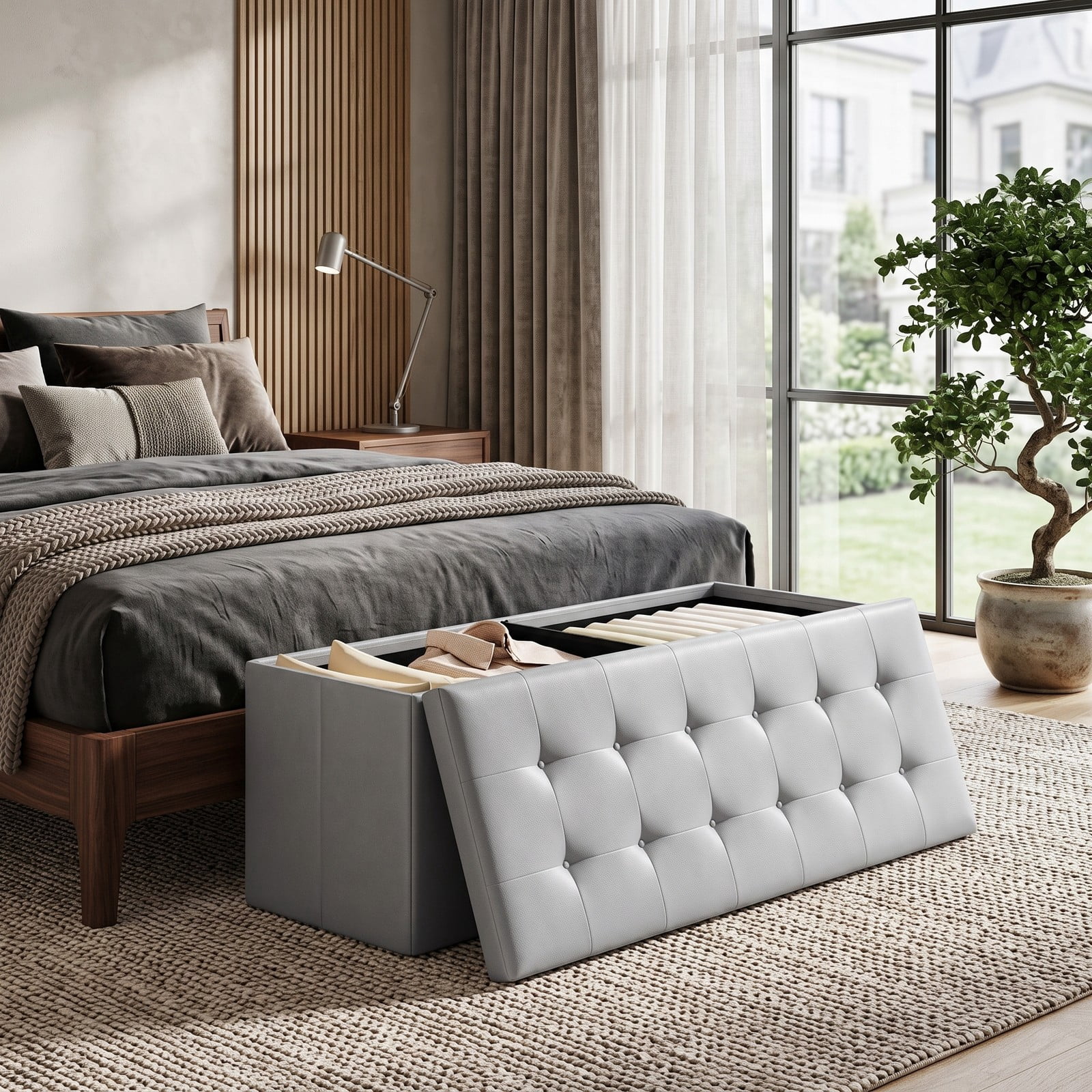 Furnibear 43 Inch Folding PU Leather Storage Ottoman Bench with Divider and Side Pocket for Living Room, Bedroom and Entryway, Gray
