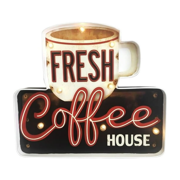 Coffee Shop Embossed Metal Sign Coffee Bar Vintage Decor Sign with LED  Lights Metal Wall Decorations for Cafe Bar Restuarant Kitchen 