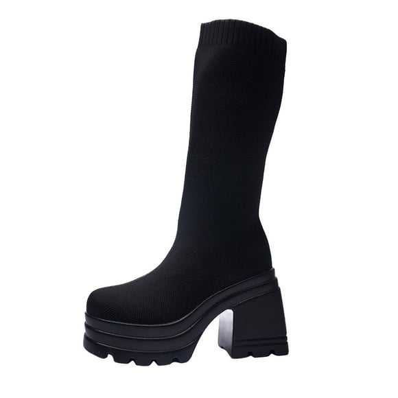 YOUSNH Autumn New Foreign Trade Flying Weaving Elastic Socks Boots Thick Bottom Round Head Mid Barrel European And America Fashion Elastic Women's Boots Boots for Lady Black 7.5