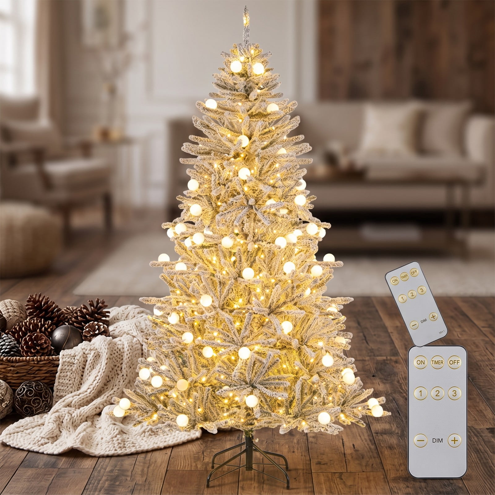 RUIE 6 Feet Pre-lit Snow-Flocked Artificial Christmas Tree, Hinged Xmas Tree with 250 Warm White LED Lights, 51 Sphere Lights, Remote and Timer for, Green & White