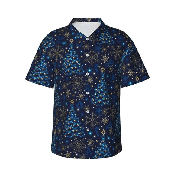 Honeii Christmas Tree Print Men’s Hawaiian Shirt,Classic Button-Down Short Sleeve Shirt, for Beach, Vacation, and Outdoor Activities,Small