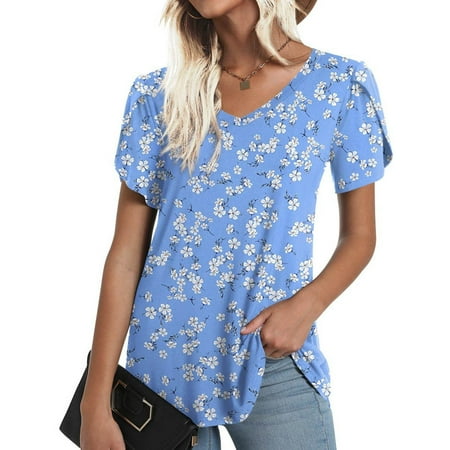 

Haykey Shirts For Women Womens Tops Women S Short Sleeve Print V-Neck T-Shirt Loose Casual Summer Tee Tops Corset Top Blue