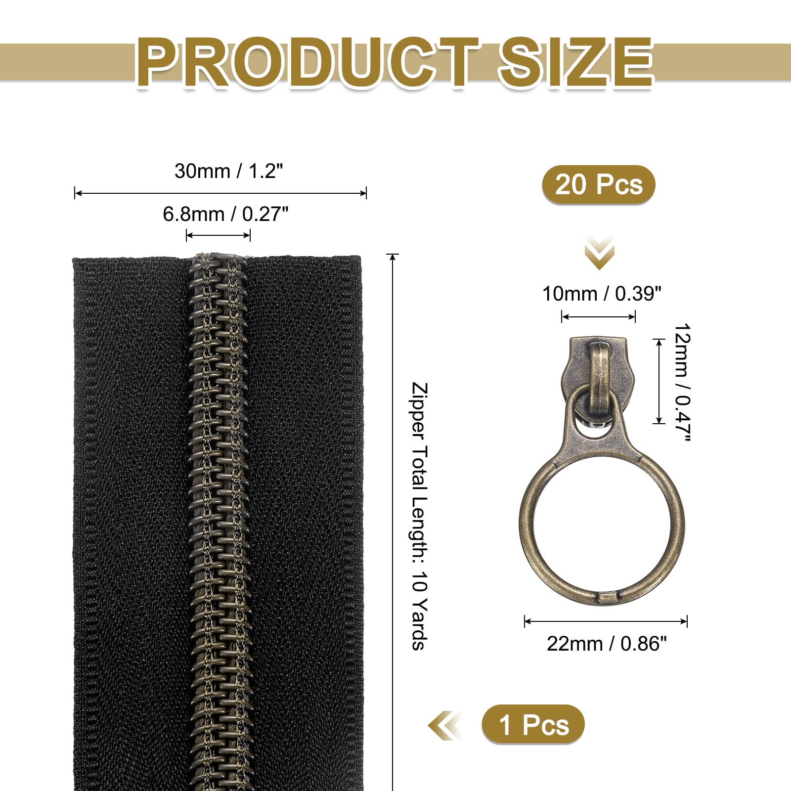 #5 10 Yards Nylon Coil Zippers, Bulk Coil Zipper by the Yards with 20pcs Vintage Brass Zippers Sliders for Diy Tailor Sewing Craft Bag Clothes, Black
