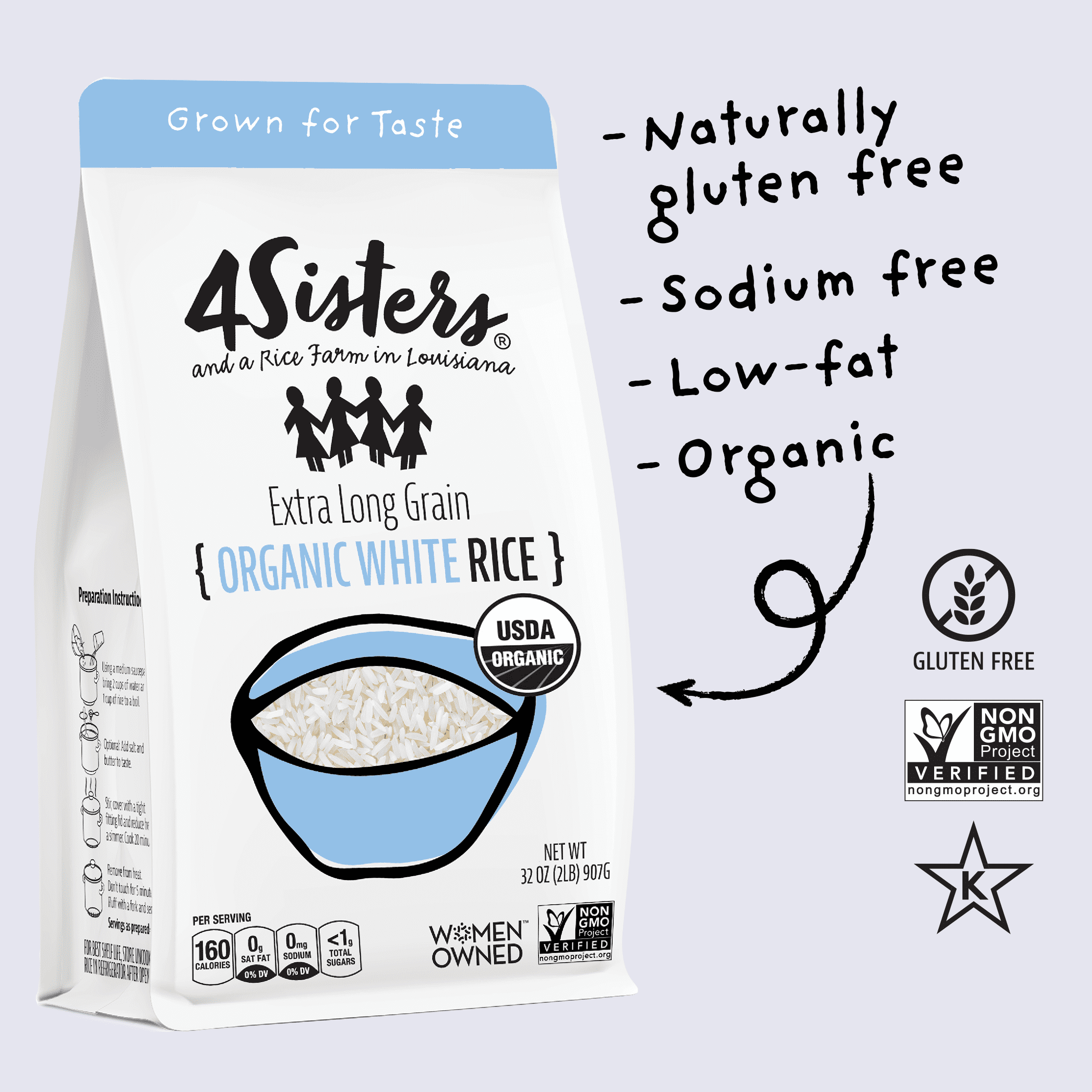 (3 pack) 4Sisters Long Grain Organic White Rice, 32 oz