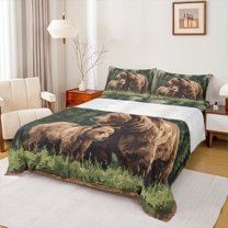 Manfei Wild Animal Bear Queen Sheet Sets,Tropical Botanical Pine Flat Sheet,Brown Green Queen Fitted Sheet For Boy Child,Breathable Home Decor,4 Pieces