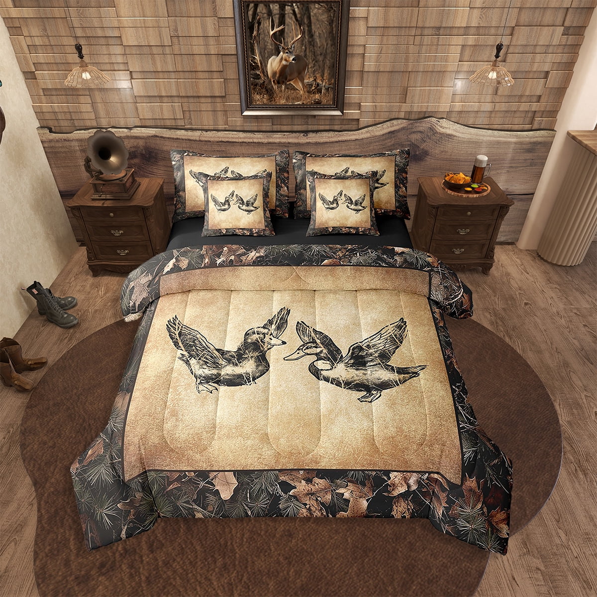 Lodge Cabin Comforter Set Twin Size 2 Pcs Cartoon Moose Wild Animal Silhouette Comforter For Kids Teens Adults Gray Plaid Jungle Trees Rustic Style Bedding Set With 1 Pillowcase 1 Comforter