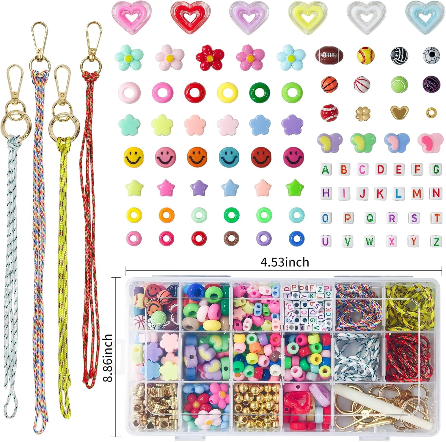 528PCS DIY Beaded Keychain Making Kit for Adult Women, Acrylic Heart Star Flower Alphabet Beads Charms, All-in-One Craft Supplies for Handmade Jewelry & Bag Decor