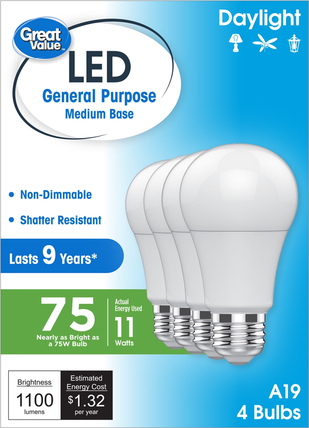 Great Value A19 LED Light Bulbs, 75 Watts Eqv, Daylight, General Purpose, 9yr, Medium Base, 4 pack
