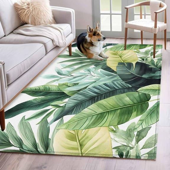 Tropical Plants Area Rug 3x5 Washable Rug Non Slip Country Summer Green Palm Leaves Large Area Rug Indoor Floor Carpet for Entryway Bedroom Kitchen Living Room Home Office Dining Room Nursery