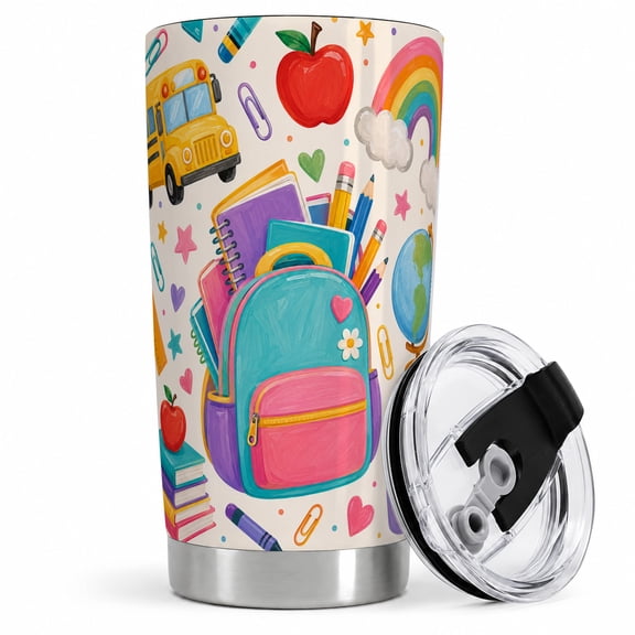 Backpack School Tumbler, 20oz Insulated Drinkware for Students Stainless steel tumbler with backpack, bus, rainbow artwork for water, class, or travel