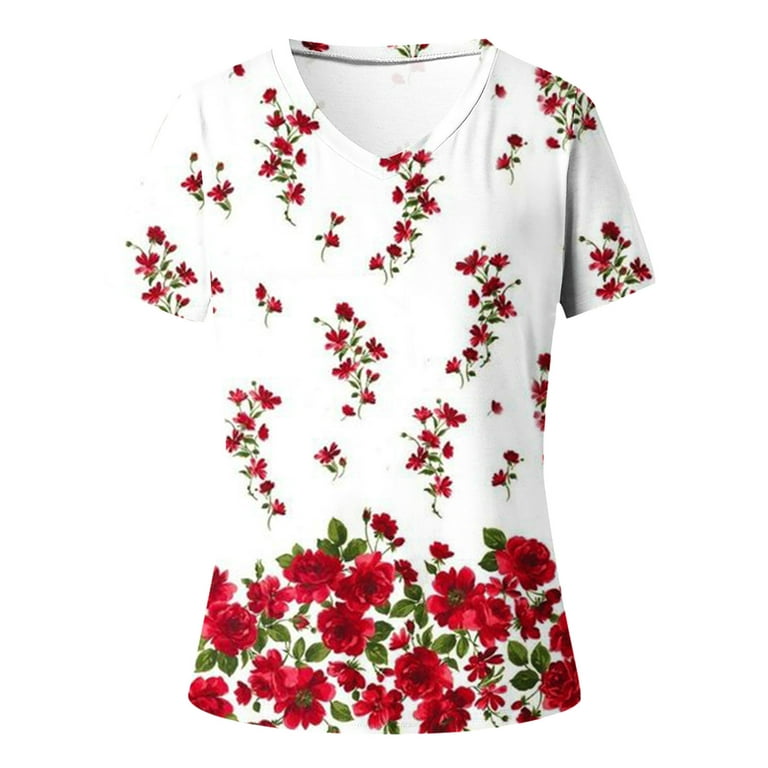JGGSPWM Floral l Print Tops for Women Short Sleeve T Shirts V Neck Casual  Workout Shirt Vintage Graphic Boho Tees Tops Light Blue XL