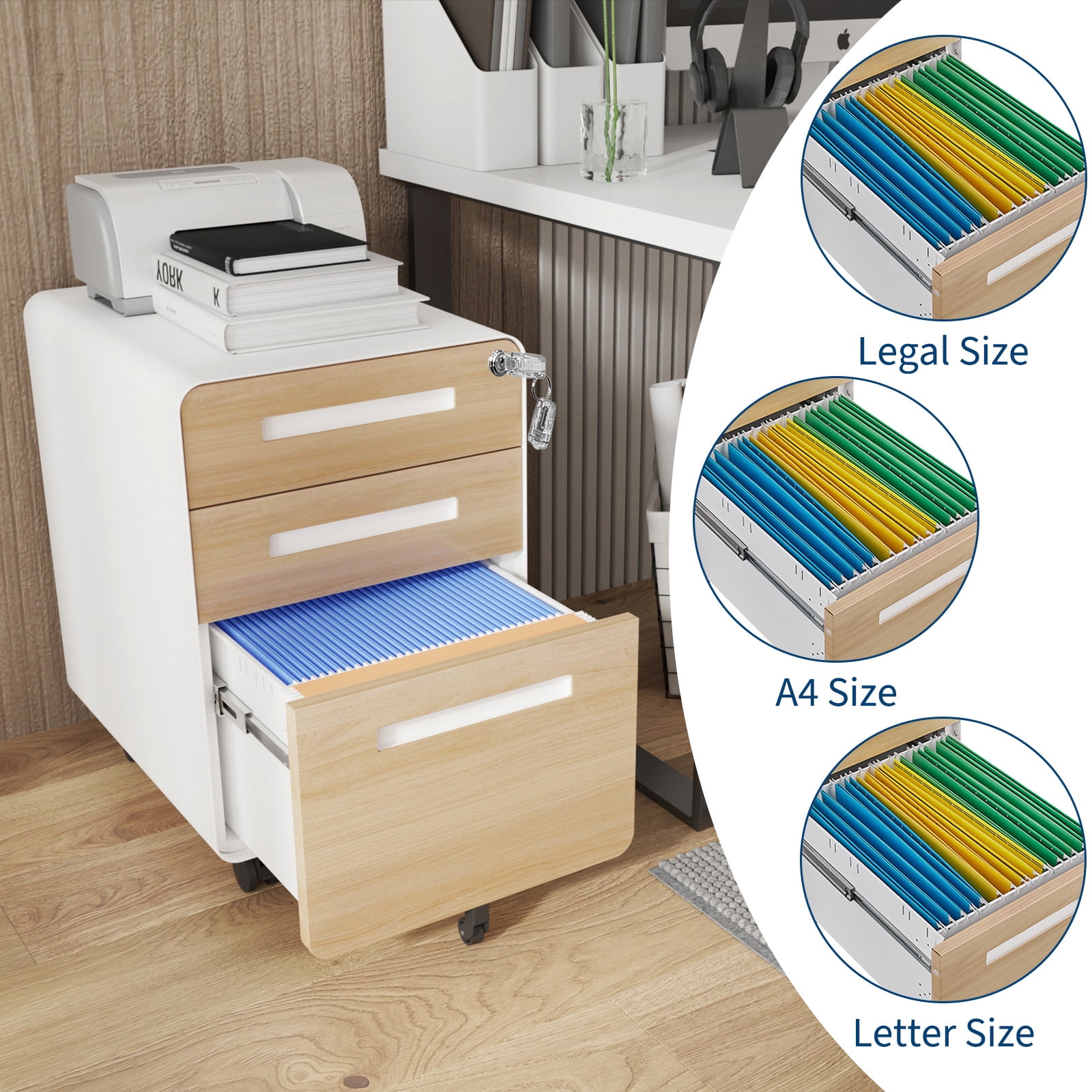 Towallmark Secure 3 Drawer Metal File Cabinet with Lock – Fully Assembled Mobile Filing Cabinet for Home Office, Anti-Tilt 5 Wheels, Under Desk Storage for A4/Letter/Legal Size – Wood Grain