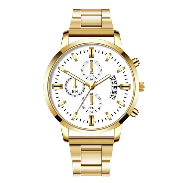 Reloj de cuarzo con calendario para hombre, esfera redonda, correa de acero, reloj de pulsera dorado y blanco