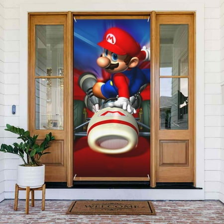 Game Mario Door Cover Decorated Banner Tapestry Home Decoration Holiday Party Supplies Door Banner Porch Sign Banner 72.8 x 35.4 Inch