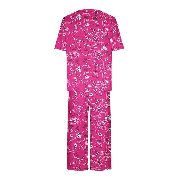 Flywake Womens Pajamas Plus Size Floral O-Neck Short Sleeves Tops with  Capris Pants Sleepwear Sets Loungewear Pjs Sets w/ Pockets 