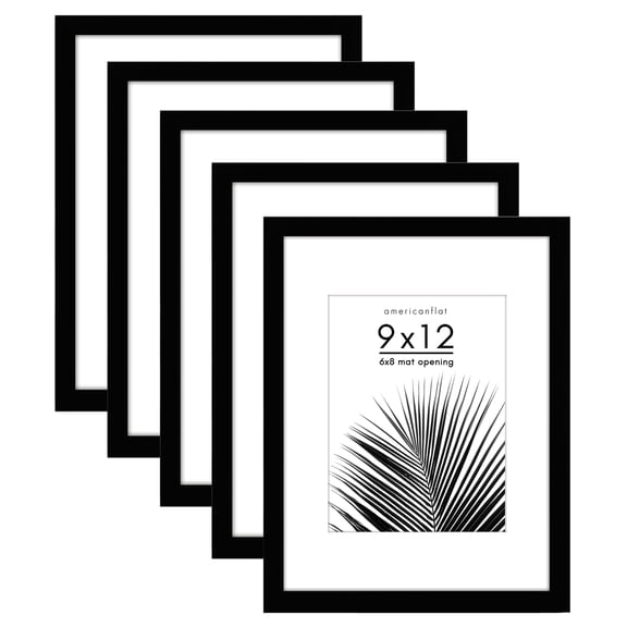 Americanflat 9x12 Picture Frame with Polished Plexiglass with 6x8 Mat 5 Pack Display Photo Galleria - Black
