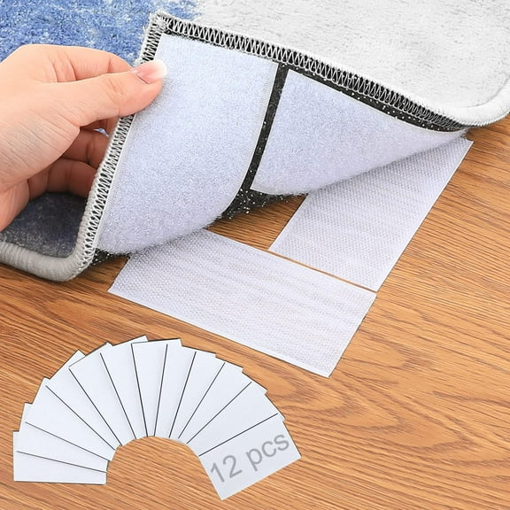 Rug Anchors Carpet Hook and Loop Non-Slip Mat Anti-Skid Stickers Rectangle (12PCS, White)