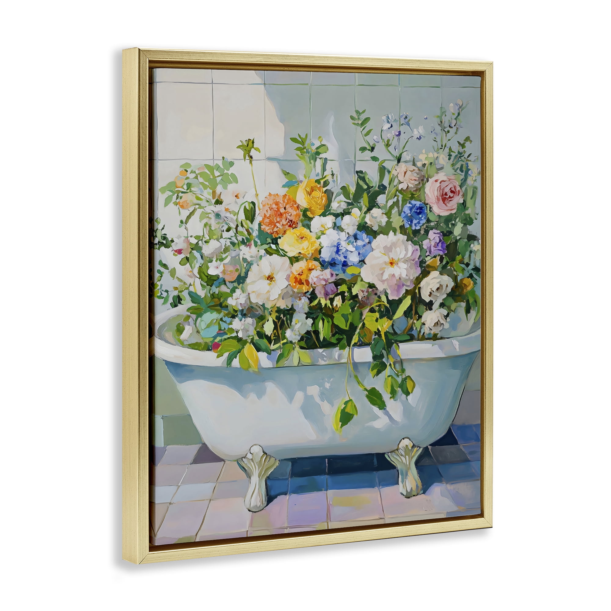 Stupell Industries Vintage Bathtub Bouquet Overgrowth Gold Framed Floater Canvas Wall Art, design by The Prints Vibe