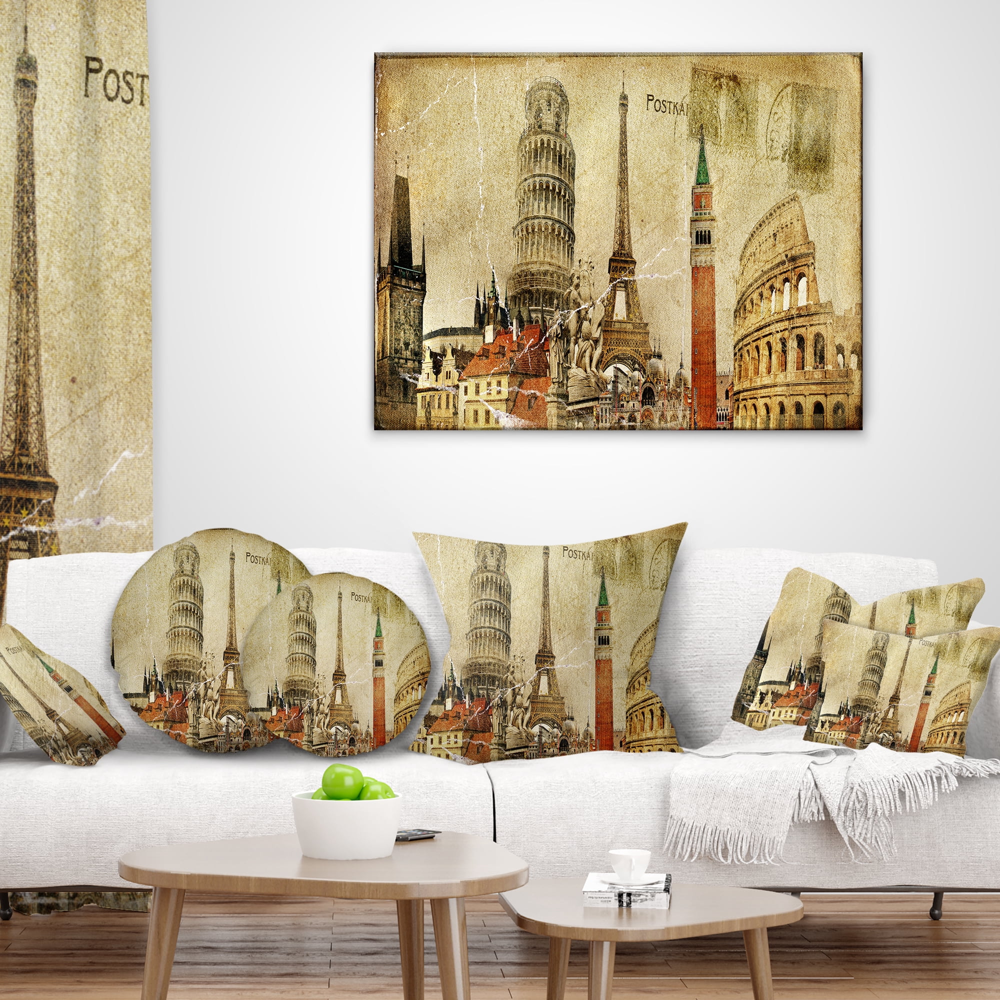 Designart Vintage Postal Card - Contemporary Throw Pillow - 16x16