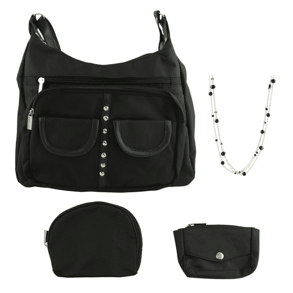 Gold Coast Women's Studded Black Handbag, Pouch and Beaded Necklace Set