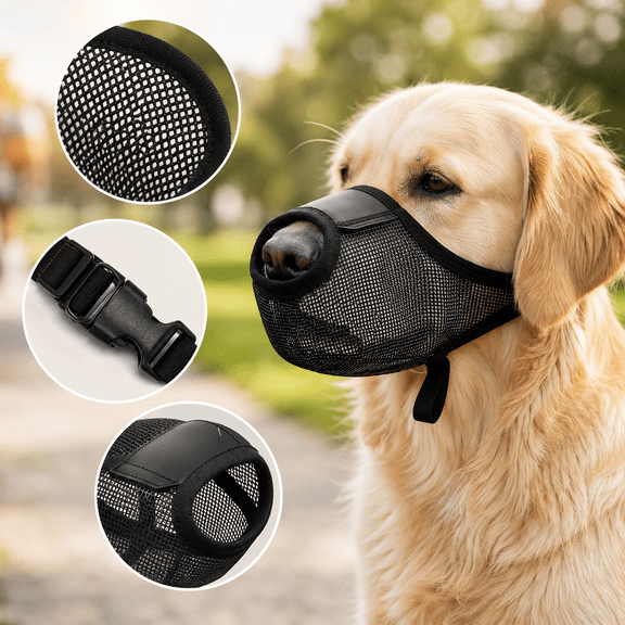 Breathable Dog Muzzle, Mesh Mouth Guard Prevents Biting Barking Scavenging, Pet Muzzle for Large Dogs Training Grooming Outdoor Walks Black L