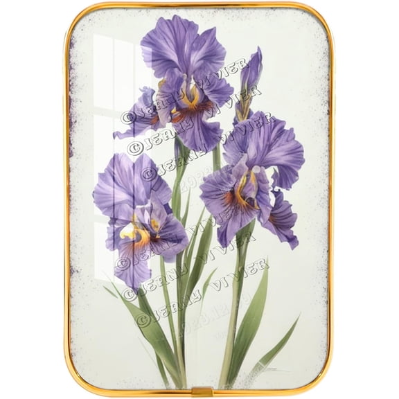 Purple Iris Framed Wooden Wall Art, Country Style, Floral Prints, Crystal Porcelain Painting Artwork For Bedroom Bathroom Kitchen Man Cave Wall Decor Gold Framed Art 12x8 inches